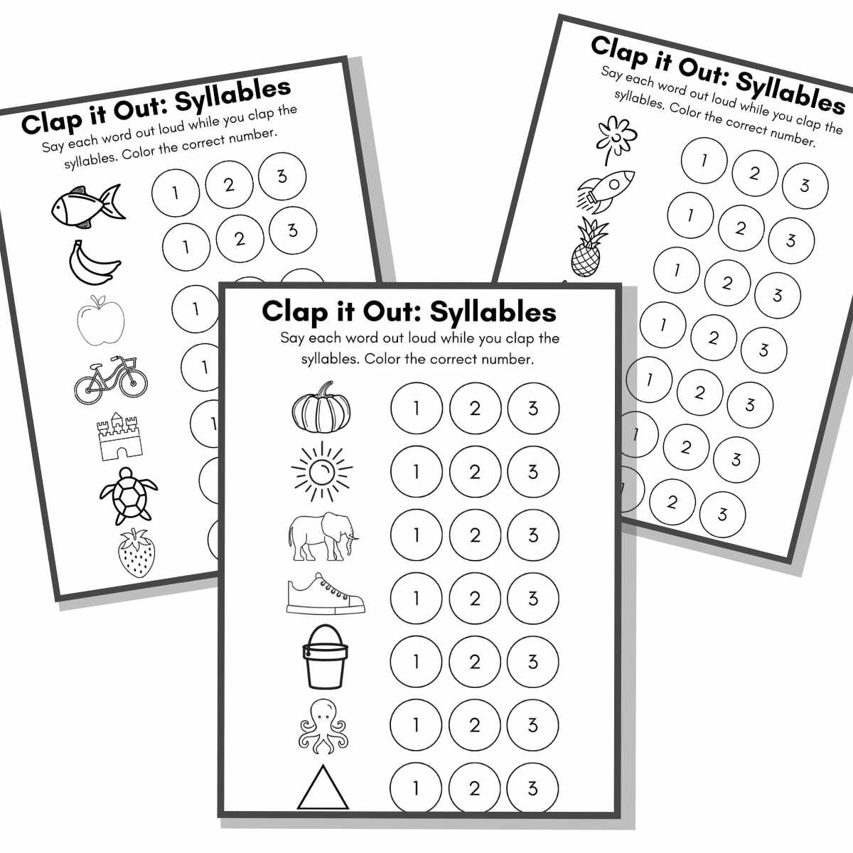 Three pages of the printable clap counting syllables worksheets.