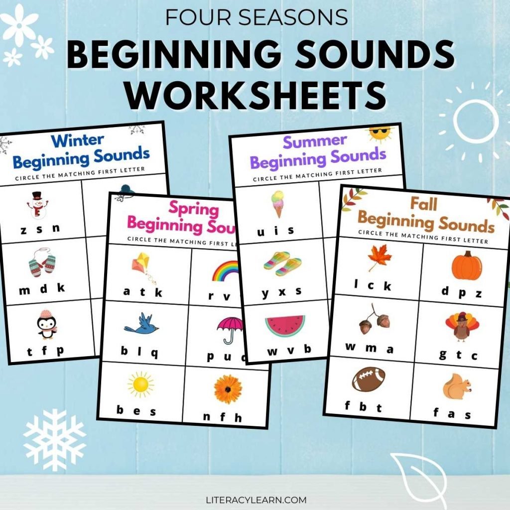 Four worksheets on a blue background with large text that reads "Four Seasons Beginning Sounds Worksheets."