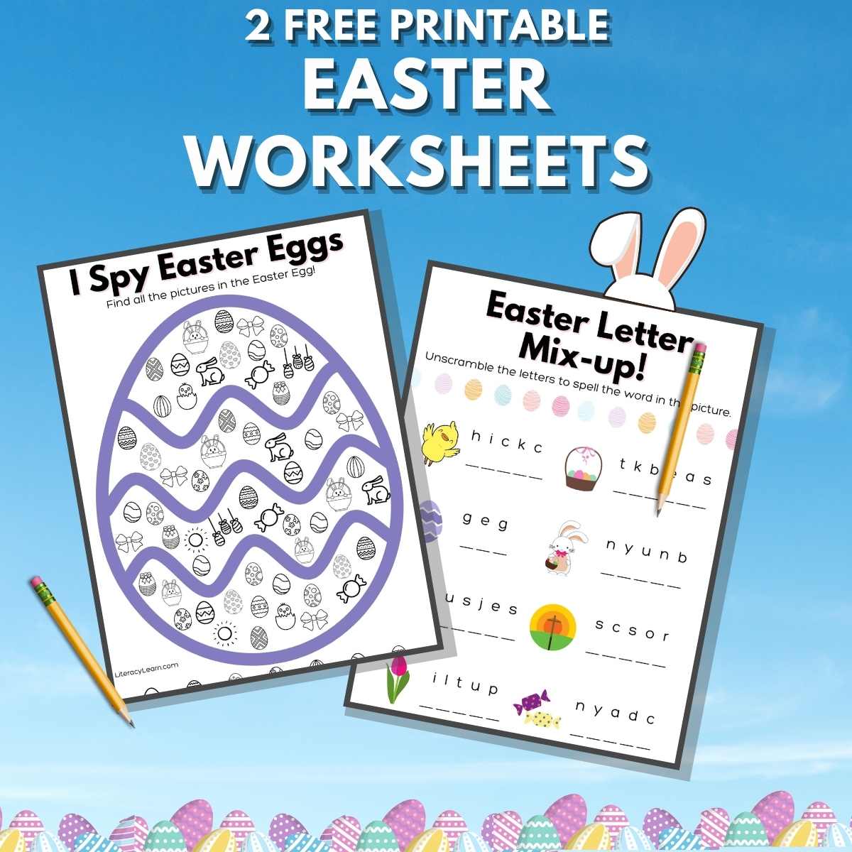 Pinterest graphic with the worksheets on a bright blue background and the words "2 Free Printable Easter Worksheets."
