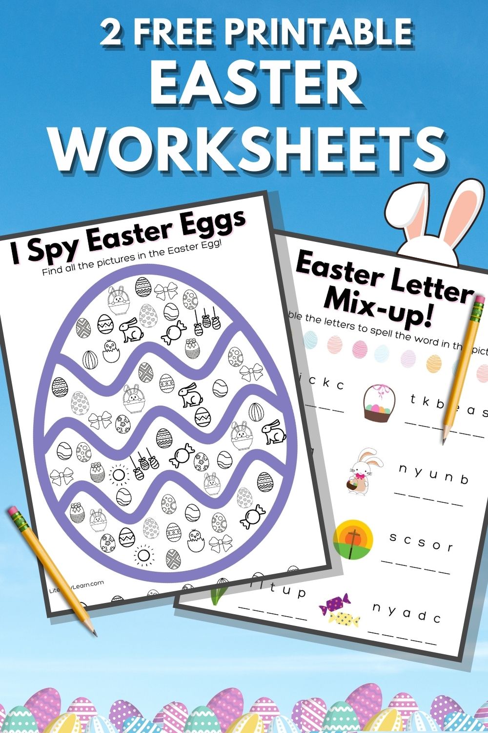 Graphic with the two worksheets and the words "2 Free Printable Easter Worksheets."