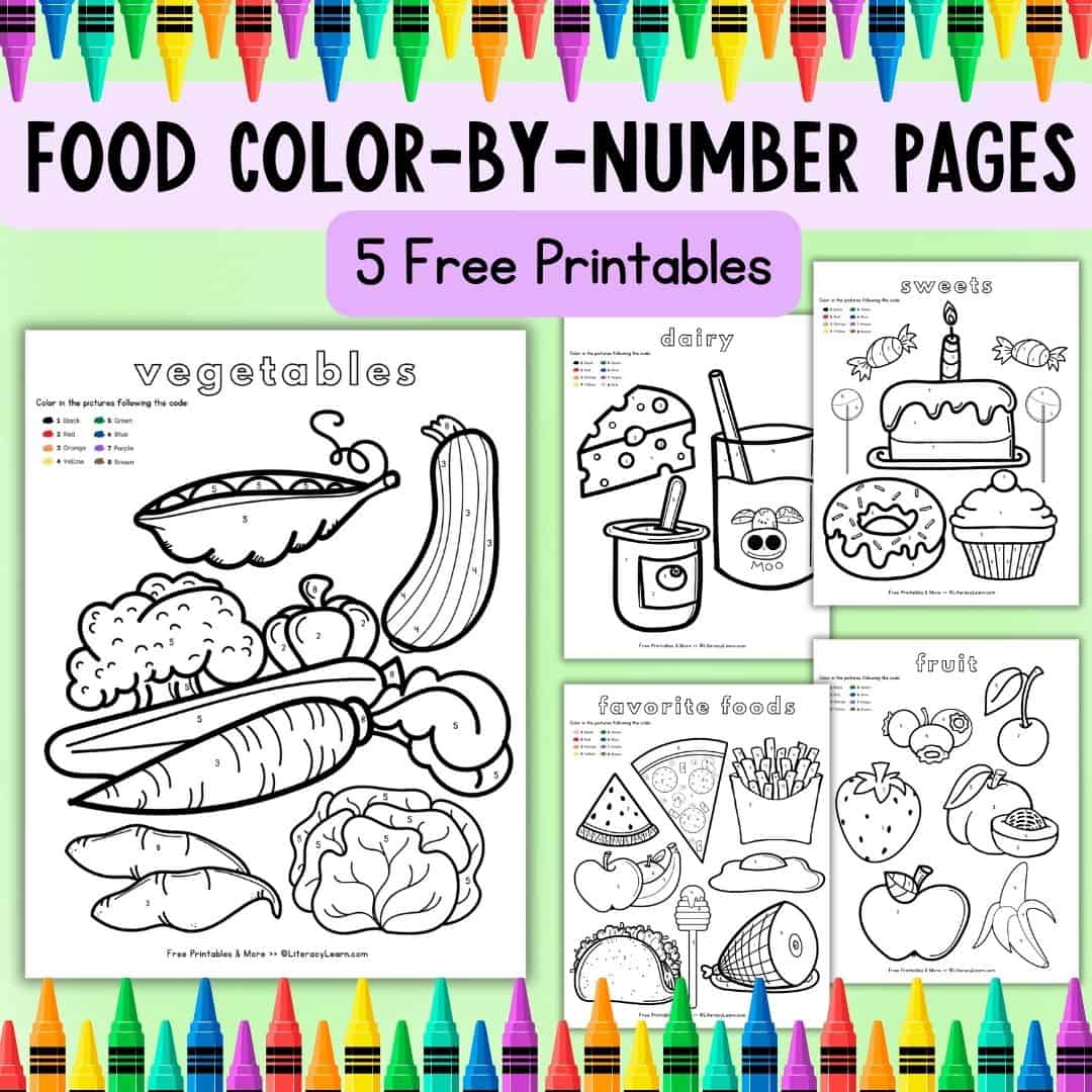 5 cute color by number pages organized by category in a colorful graphic.