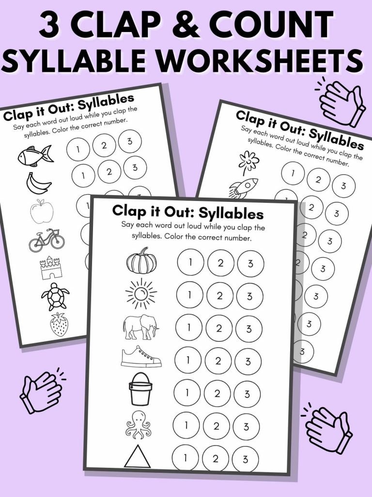 Three clapping syllables worksheets on a light purple background with large black font that reads, "3 Clap and Count Syllable Worksheets."