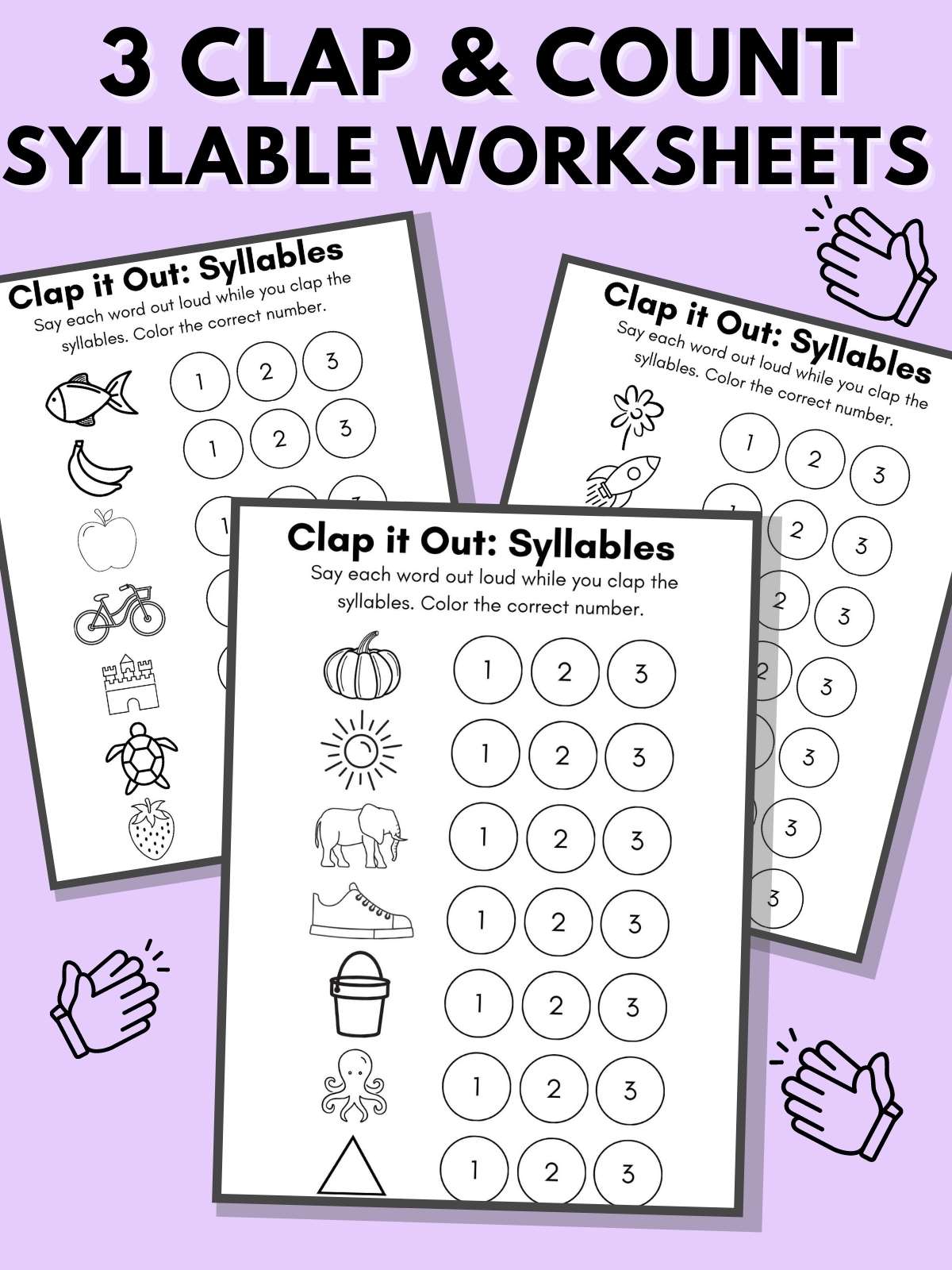 Three counting syllables worksheets on a purple background with the words "3 Clap and Count Syllable Worksheets."
