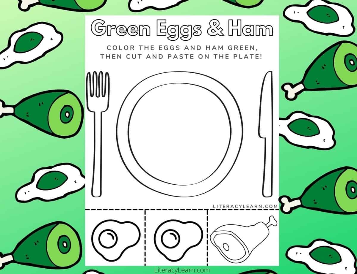 The green eggs and ham worksheet on a bright green background with green eggs and green ham cartoons surrounding it.