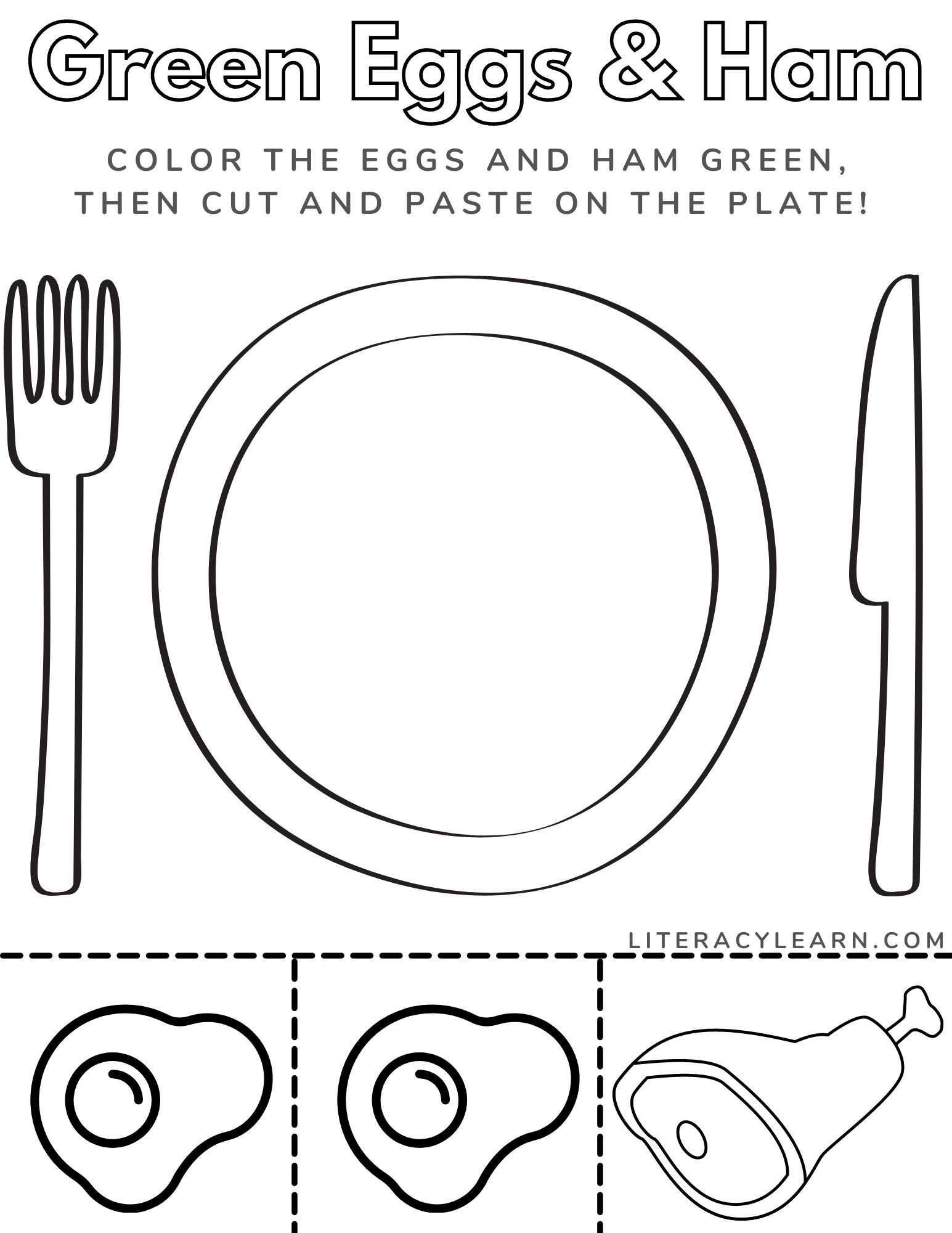 Printable worksheet with a large plate, two eggs, and ham for children to color and cut and paste. 