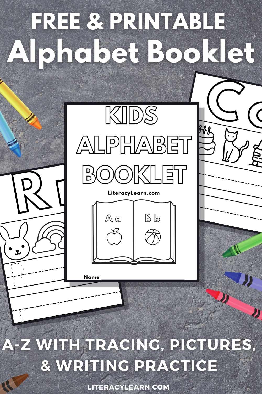 Three pages from the alphabet booklet with the words "Free and Printable Alphabet Booklet" for Pinterest. 