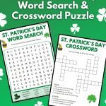 Graphic with the word search and crossword pdfs on a bright green background and text that reads "Printable St. Patrick's Day Word Search and Crossword Puzzle."