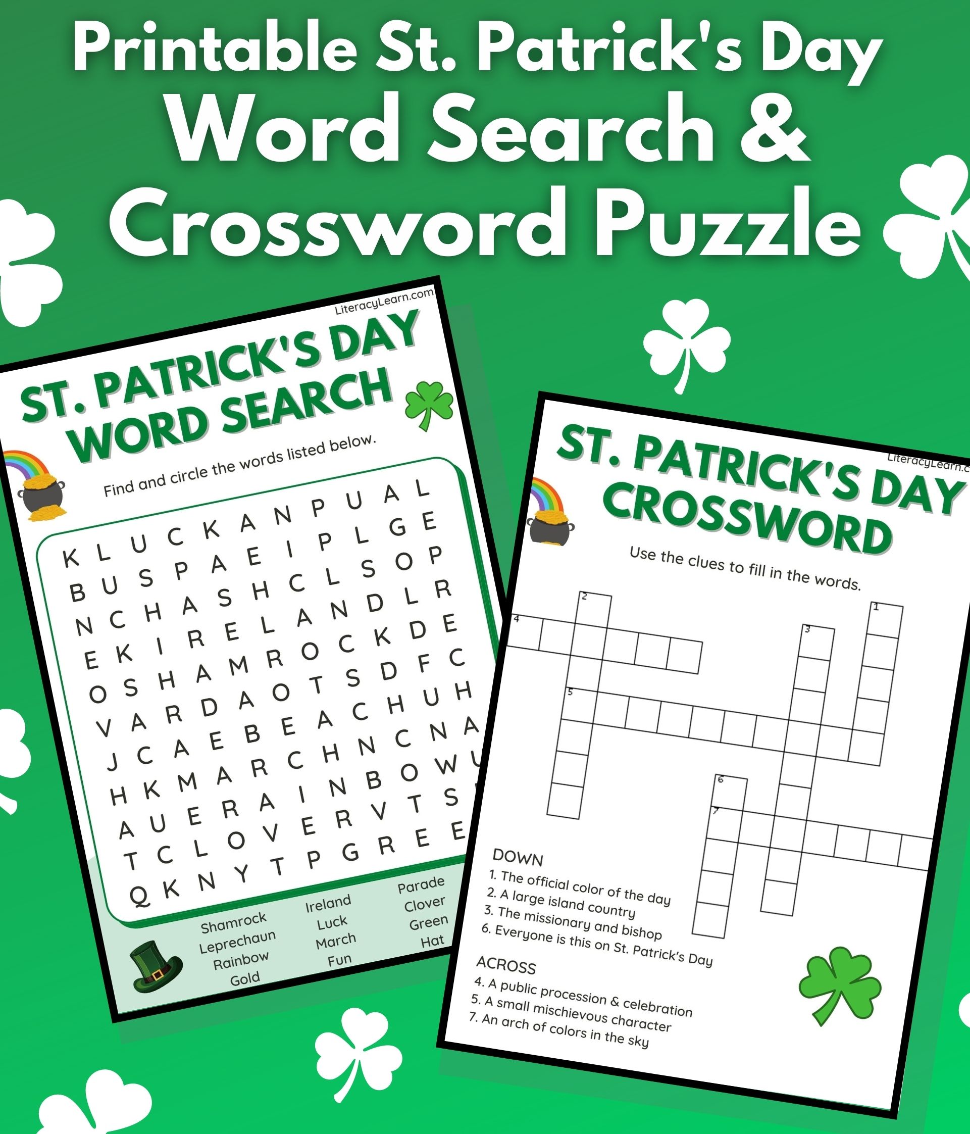 Graphic with the word search and crossword pdfs on a bright green background.