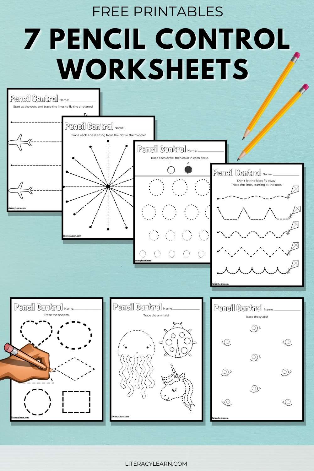 Graphic with large black font that reads "Pencil Control Worksheets" with five worksheets.