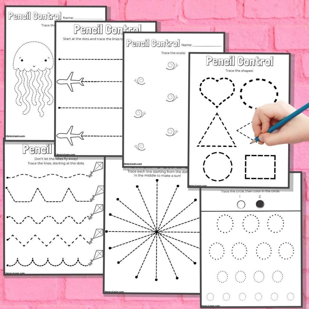 Seven pencil control worksheets on a pink brick background.