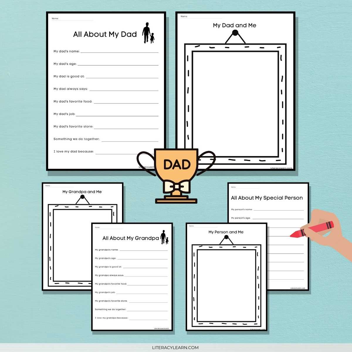 All the Father's day printables on a blue background with a graphic of a trophy. 