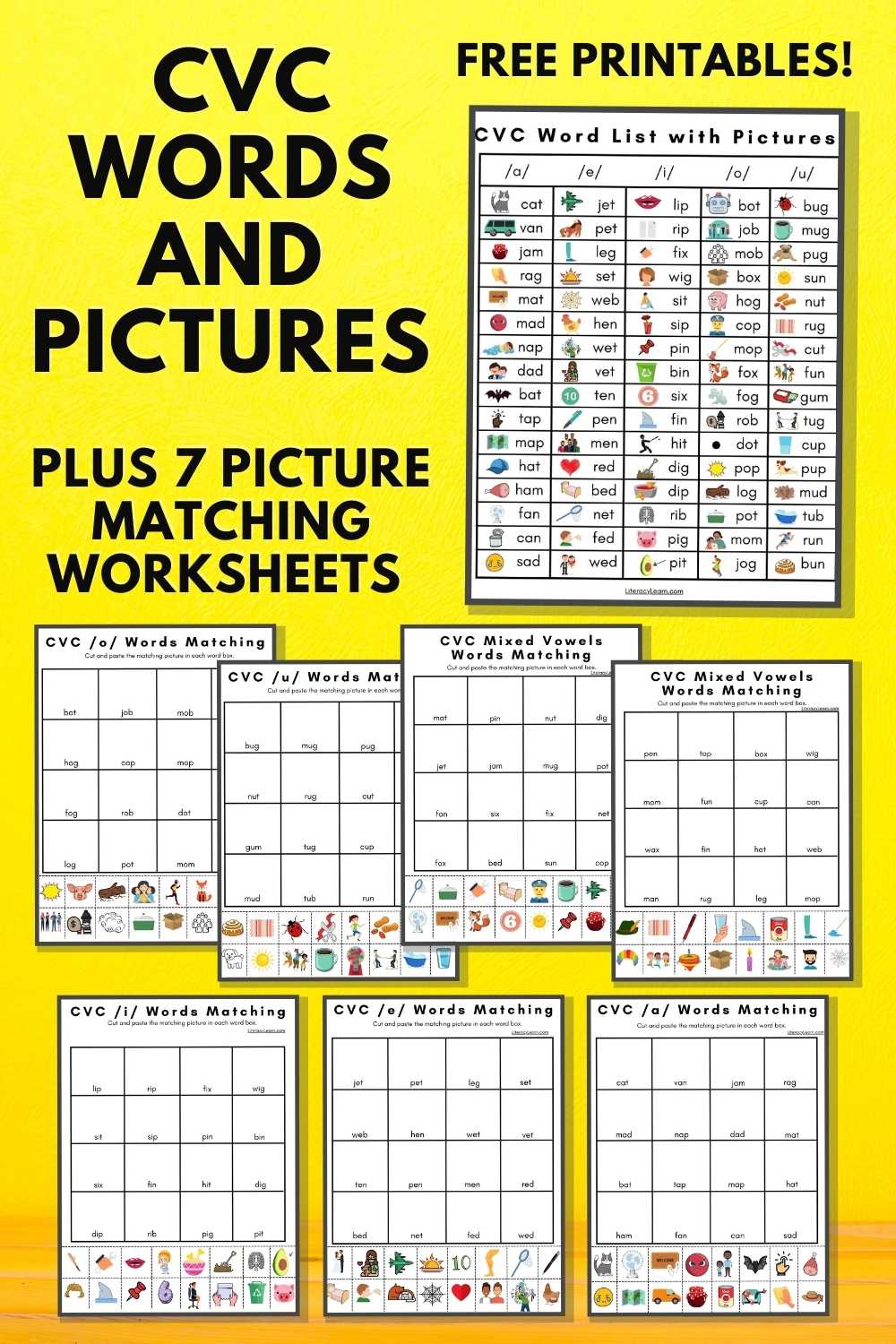 Graphic for Pinterest with 8 pages and the text, "CVC Words and Pictures, plus 7 picture matching worksheets. Free Printables!"