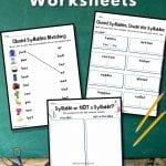 Graphic with closed syllable worksheets on a green background.