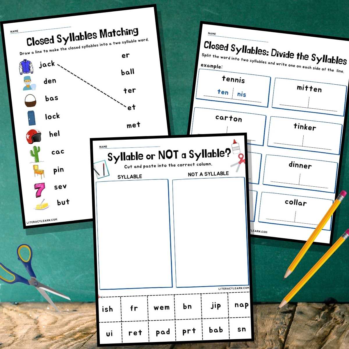 Graphic showing three of the closed syllables worksheets beside pencils and a pair of scissors. 