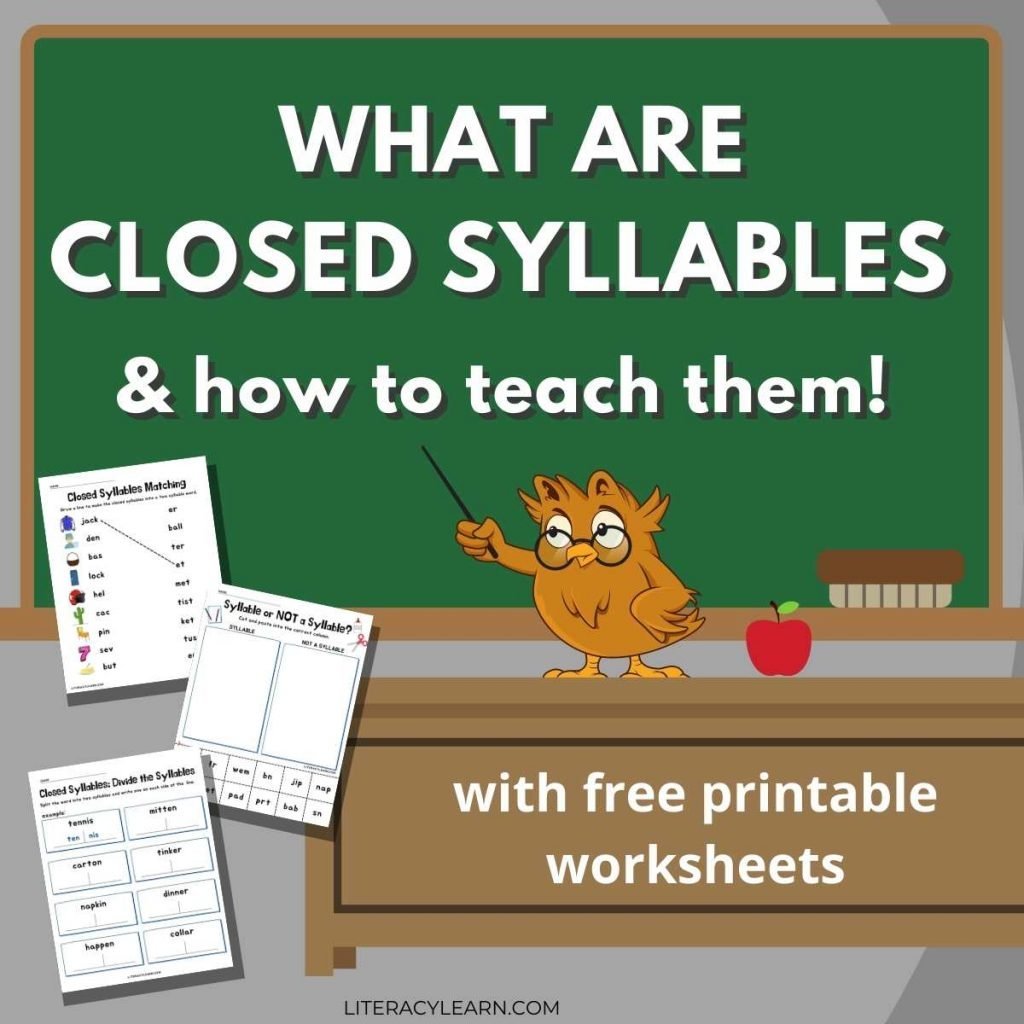 Graphic with an owl pointing to a chalkboard that reads, "What are closed syllables and how to teach them" beside three of the printable worksheets.