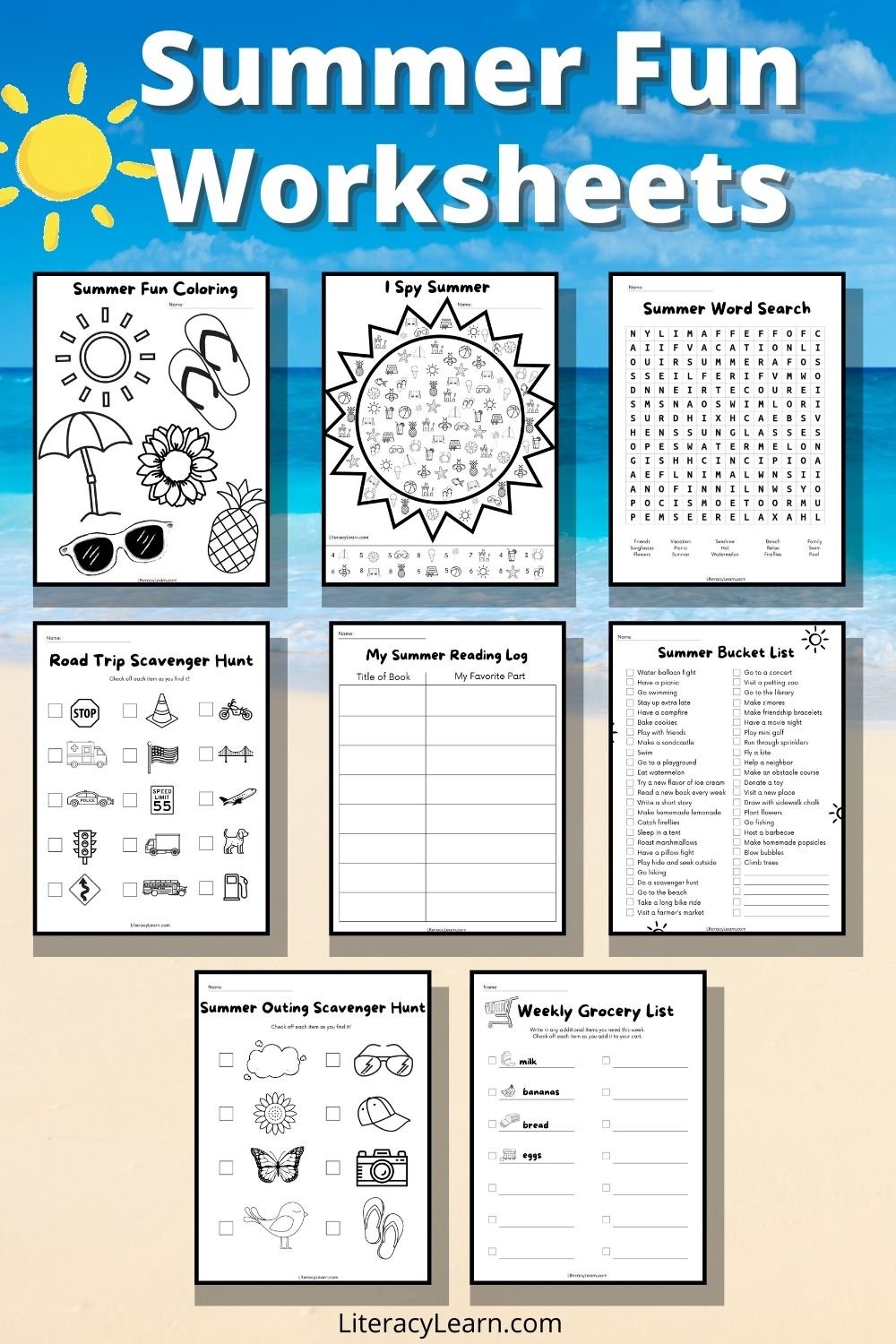 Pinterest graphic with 8 worksheets on a beach background with text, "Summer Fun Worksheets."