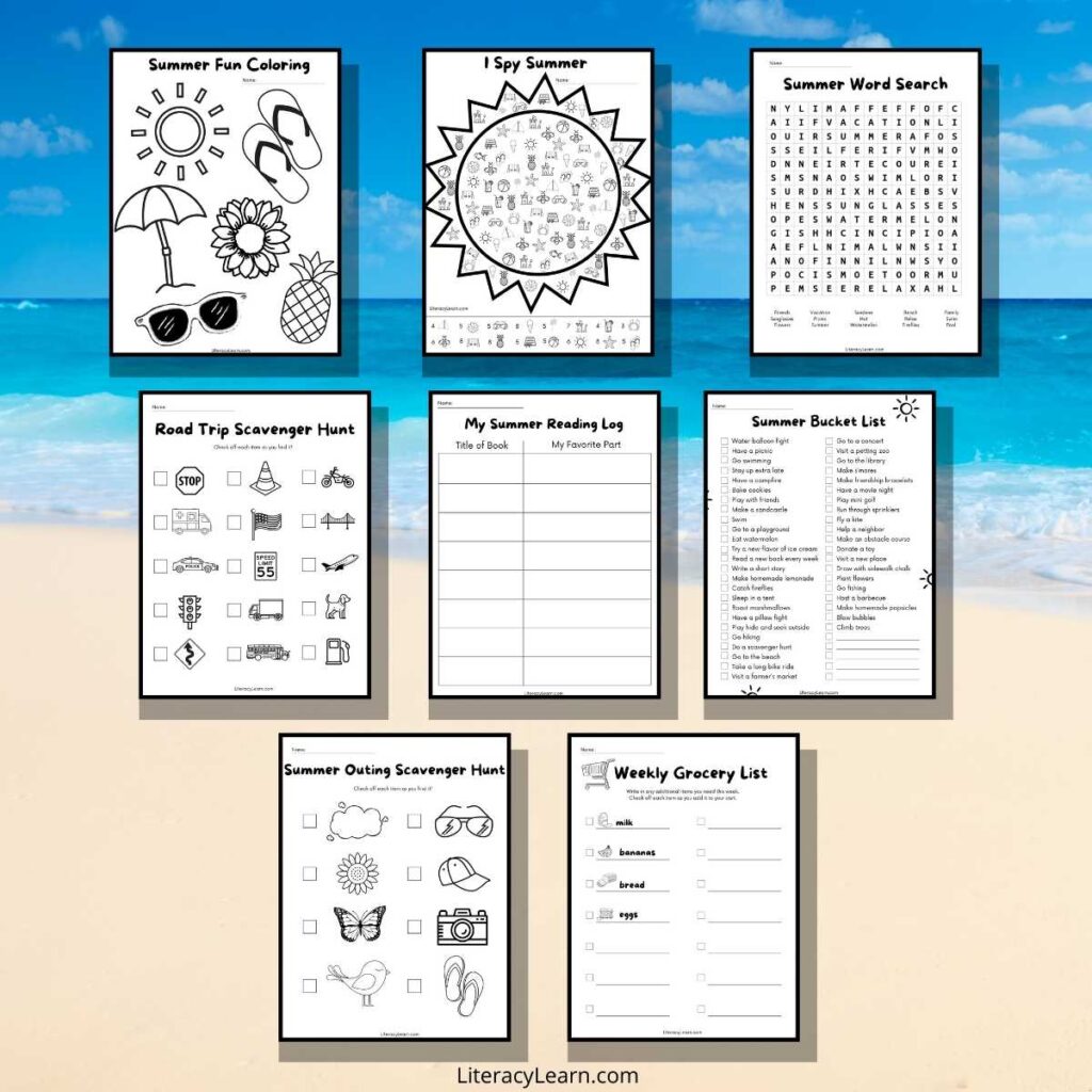 Graphic with 8 worksheets on a beach background.
