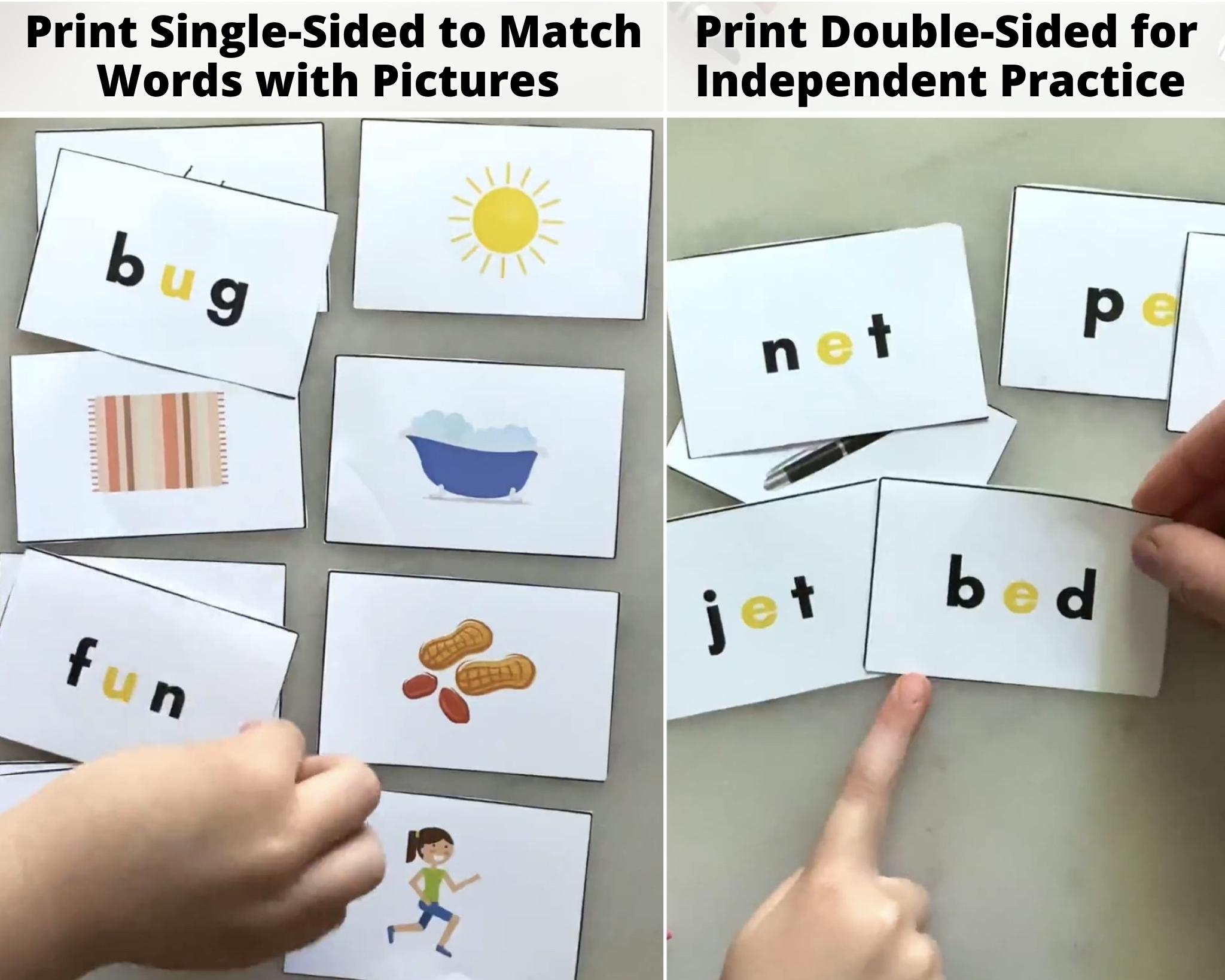 Collage showing the cvc flashcards printed single sided and double sided. 