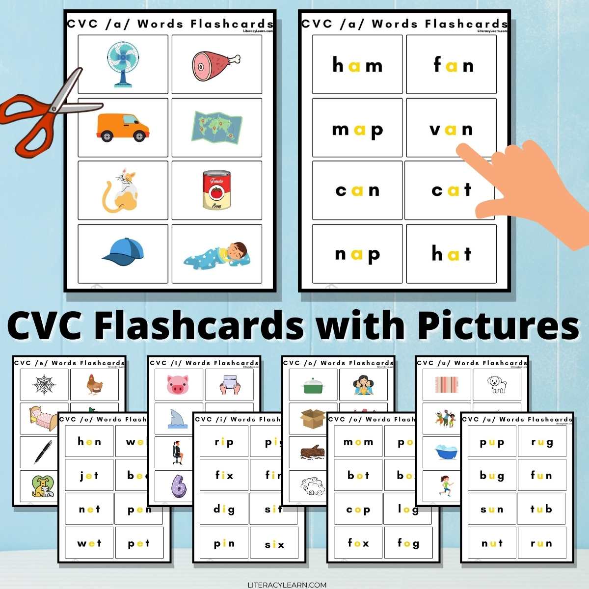 Graphic with all the printable pages and large black text that reads, "CVC flashcards with pictures."