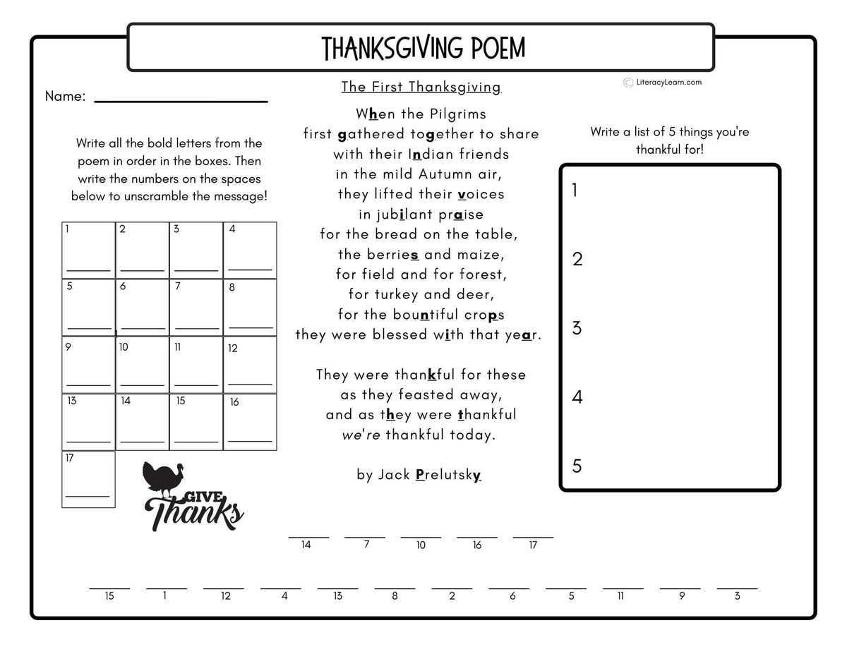 Thanksgiving poem activity page with a hidden message. 