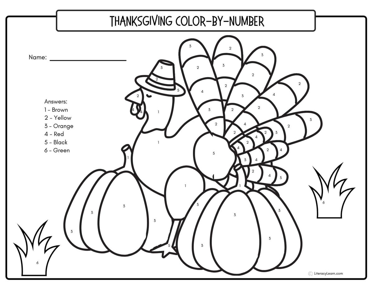A turkey cartoon color by number printable page. 