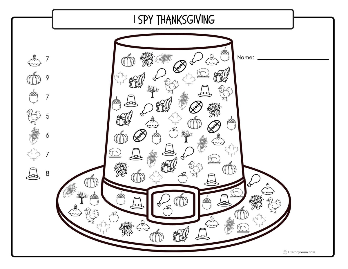 Black and white Thanksgiving I Spy page with small graphics hidden inside a large Piglrim's Hat. 