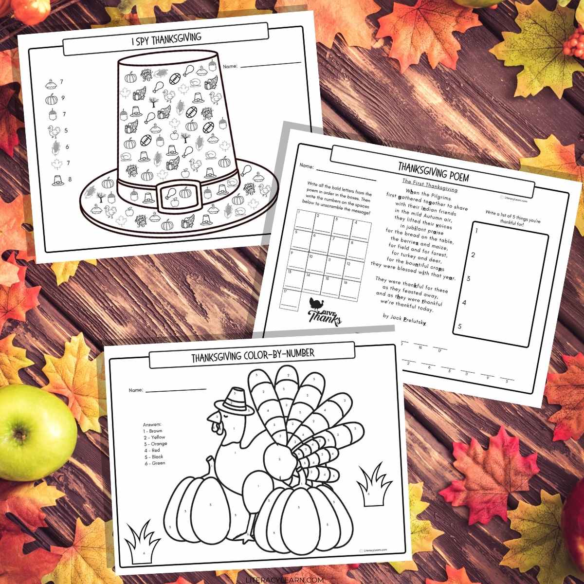 Graphic with the three Thanksgiving printable activity sheets on a wooden background surrounded by bright colored leaves.