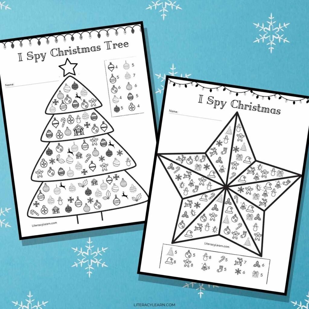 Two Christmas themed I Spy printable worksheets on a blue, snowy background.