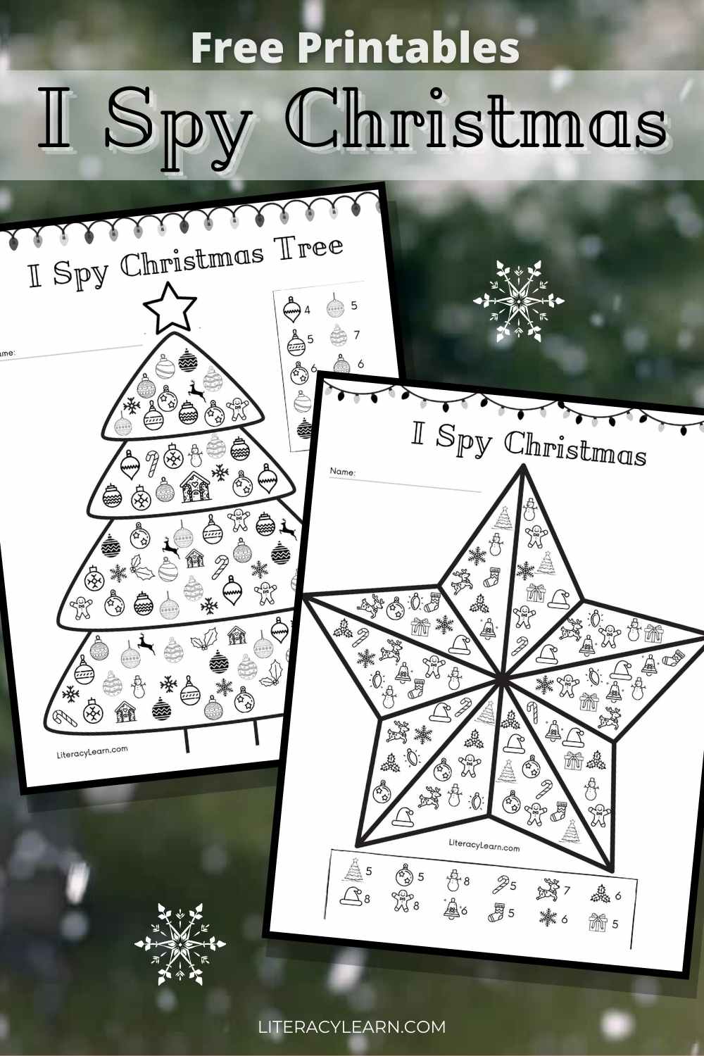 Graphic with the two printable worksheets on a snowy background with the text, "Free Printables, I Spy Christmas."