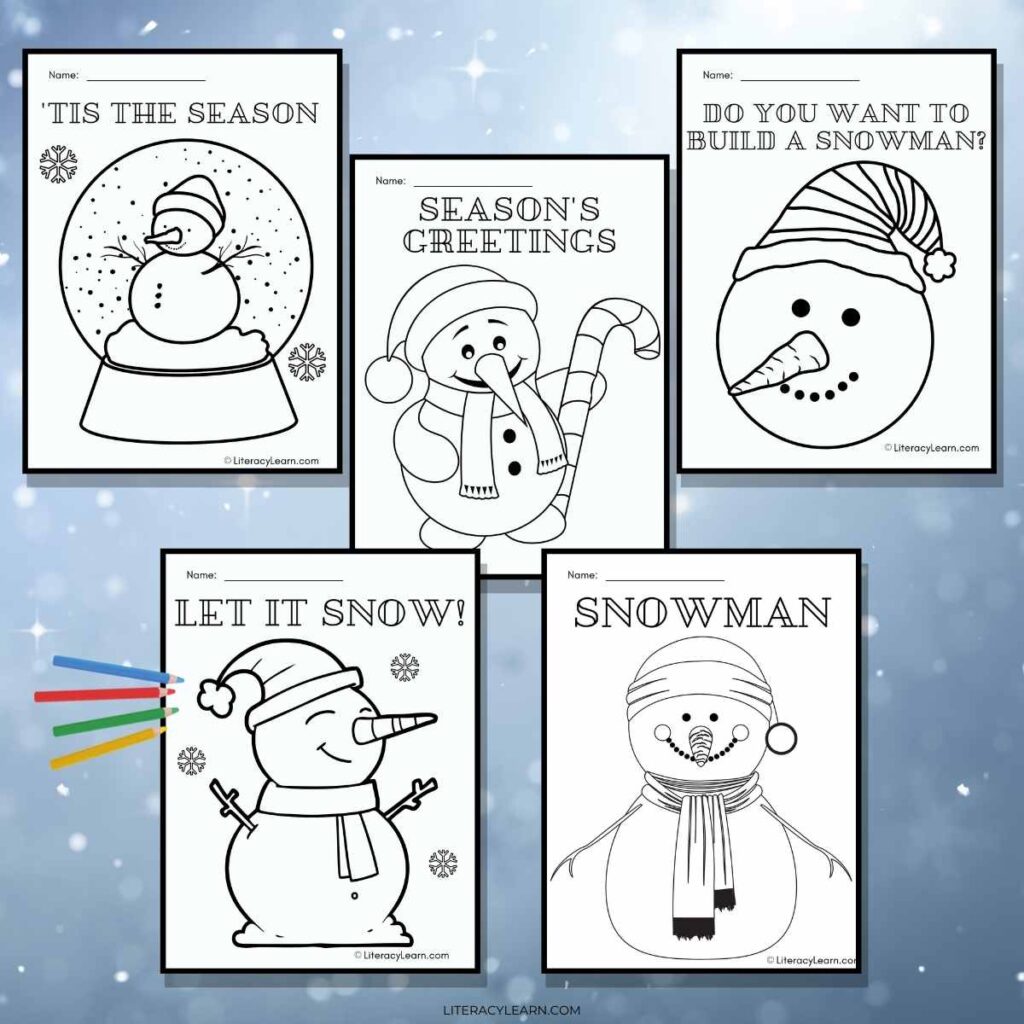 Graphic showing five snowman colorpage pages on a starry blue background.