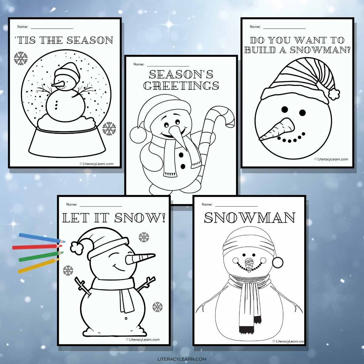 Graphic showing five snowman coloring sheets on a starry blue background.