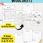 Pinterest graphic with 9 visual discrimination worksheets on a blue and blue background.