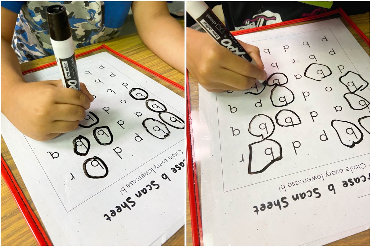 Collage showing a child writing on two different letter scan sheets.