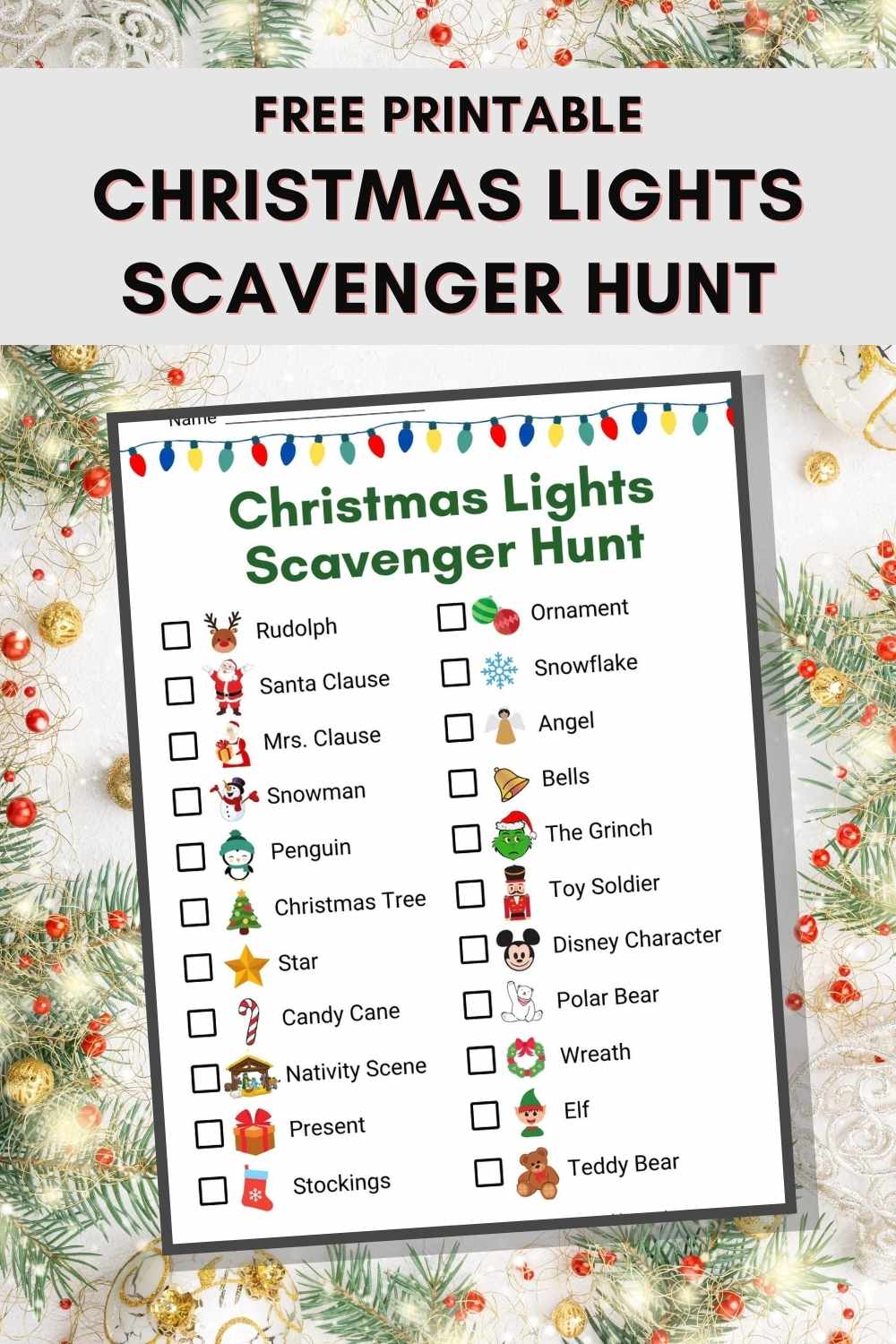 Pinterest graphic with the printable on a white background and the text, "Free Printable Christmas Lights with Scavenger Hunt."