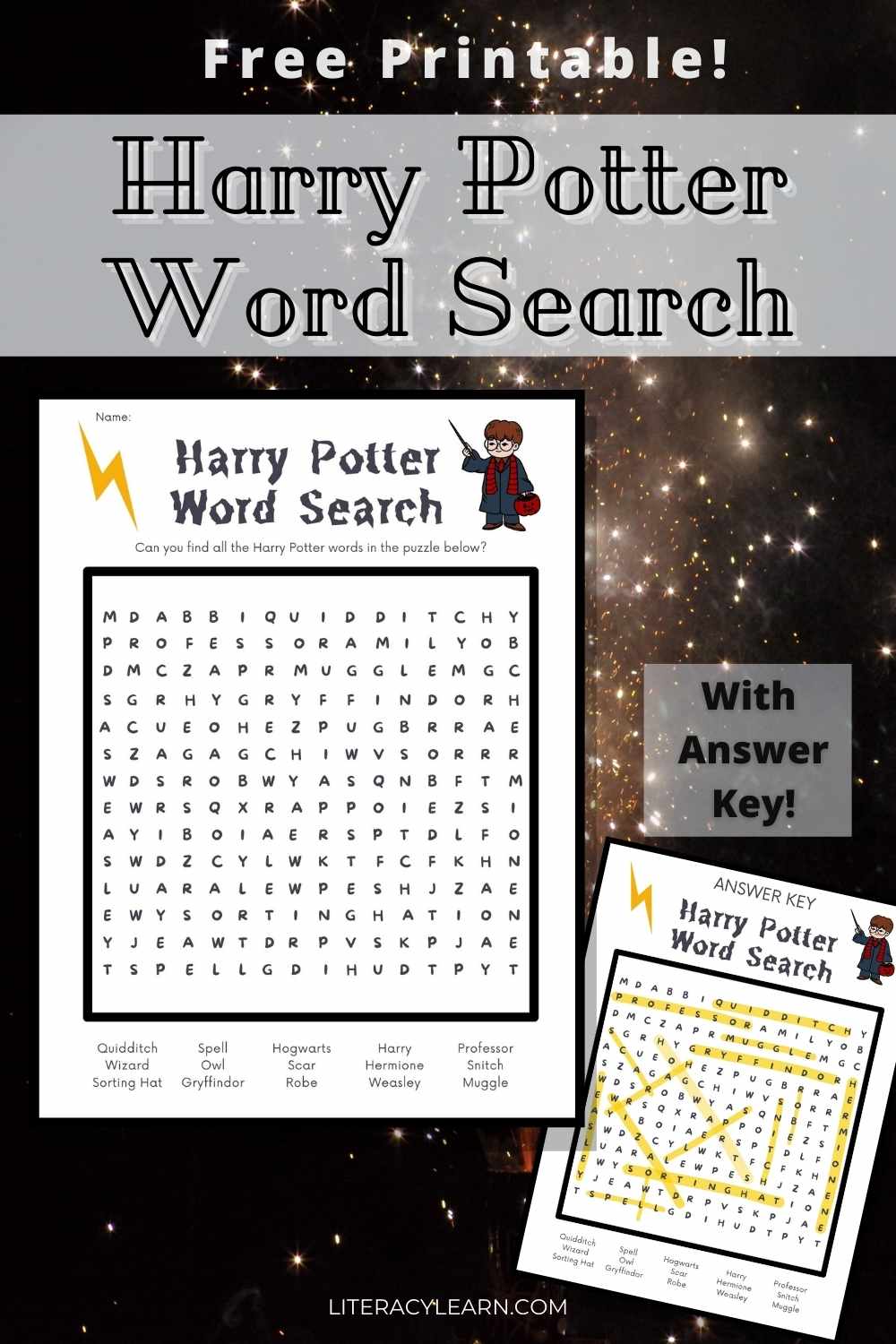 Pinterest graphic with images of the word search and answer key, and the text, "Free Printables! Harry Potter Word Search."