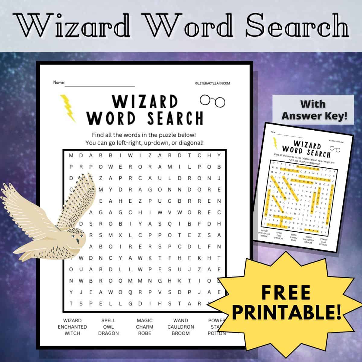 Graphic with free printable wizard word search and answer key.