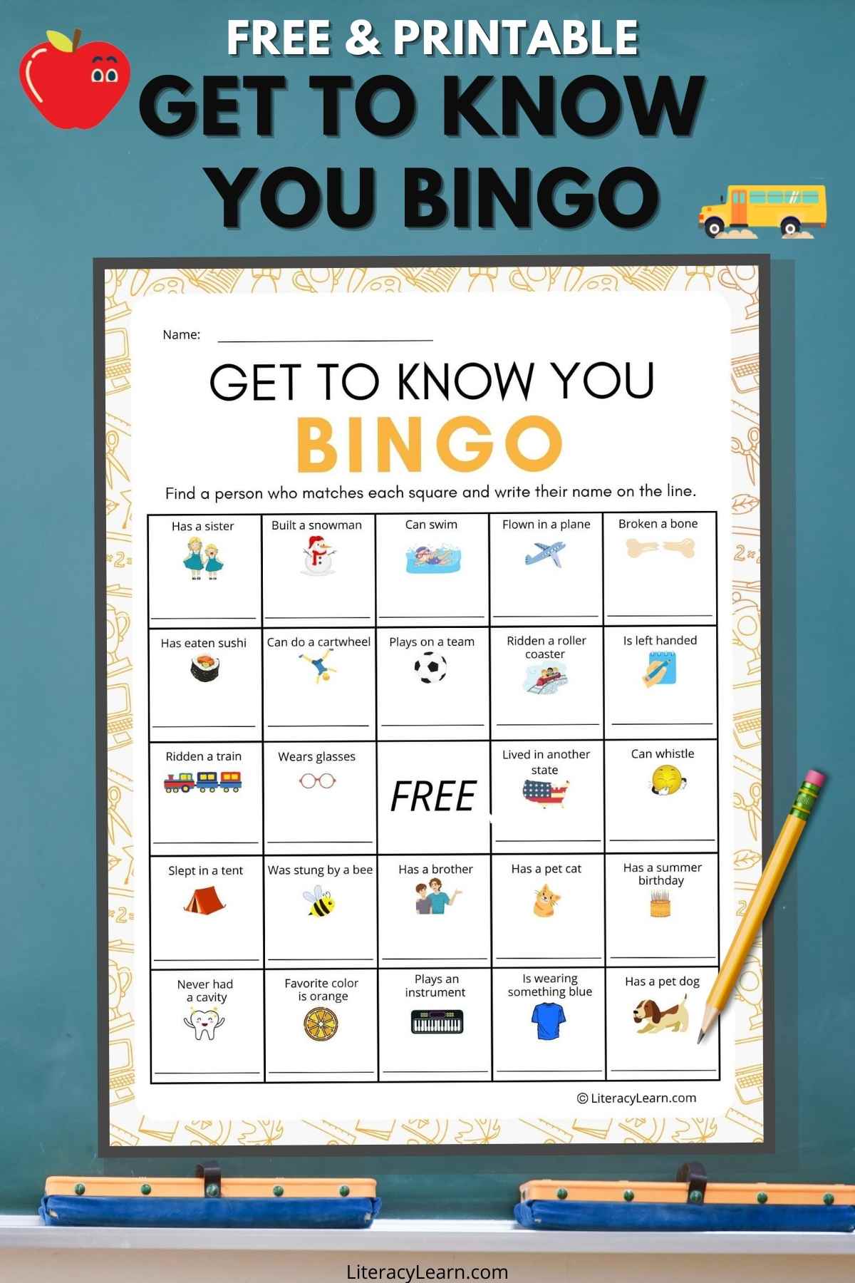 Pinterest graphic with the bingo card and the text, "Free & Printable Get to Know You Bingo."