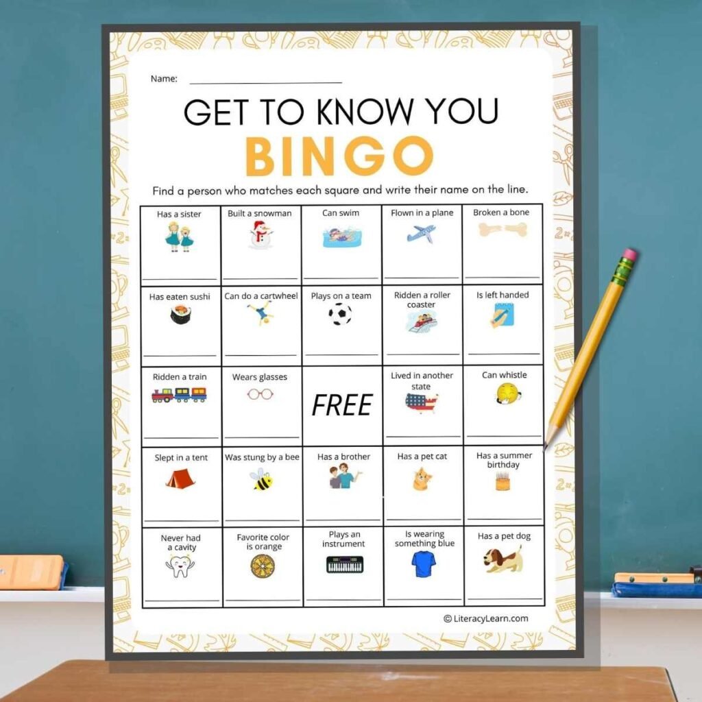 Graphic with Get to Know You Bingo card on a chalkboard background.