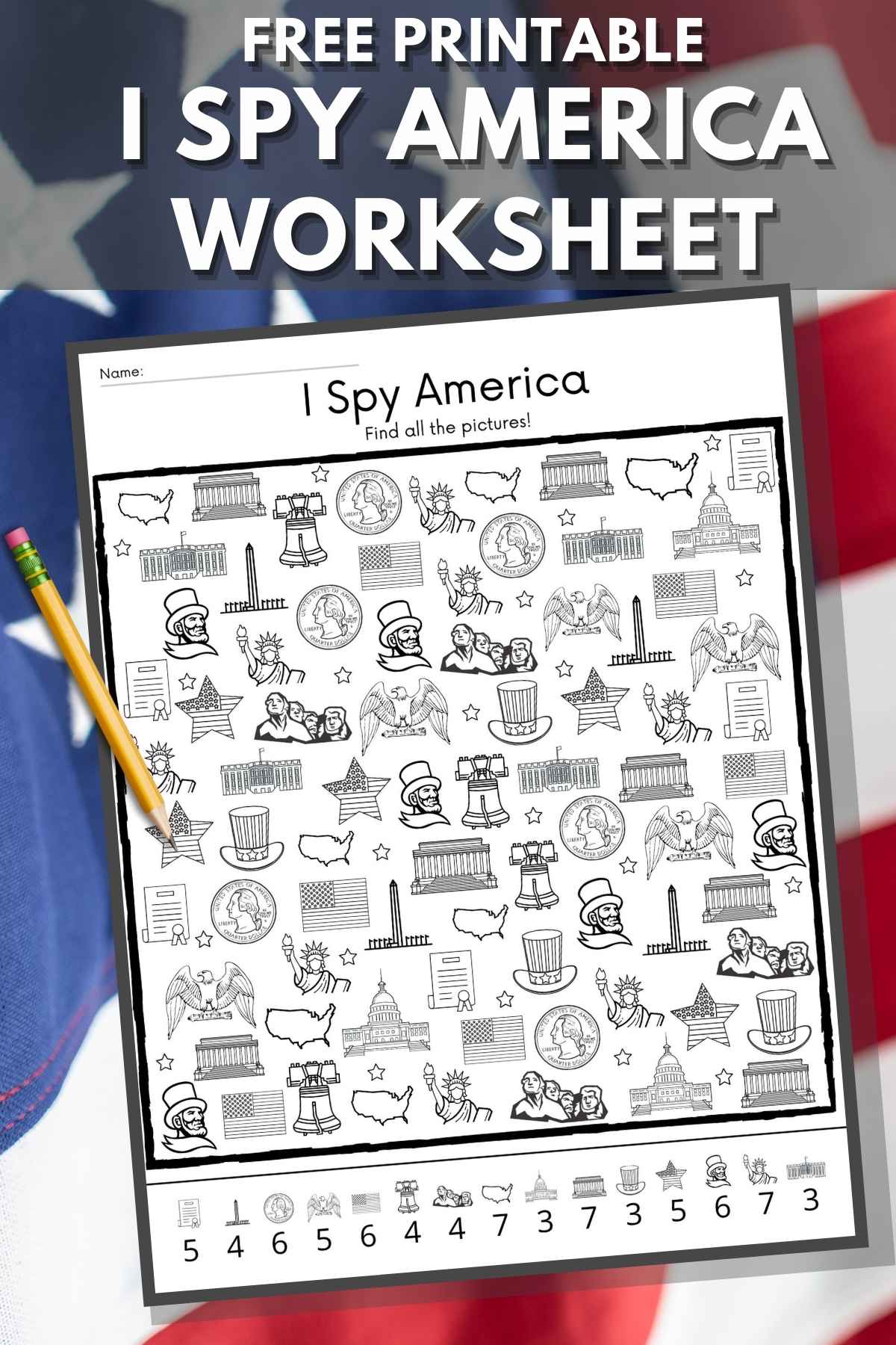 Pinterest graphic with the I spy worksheet on an American flag background.