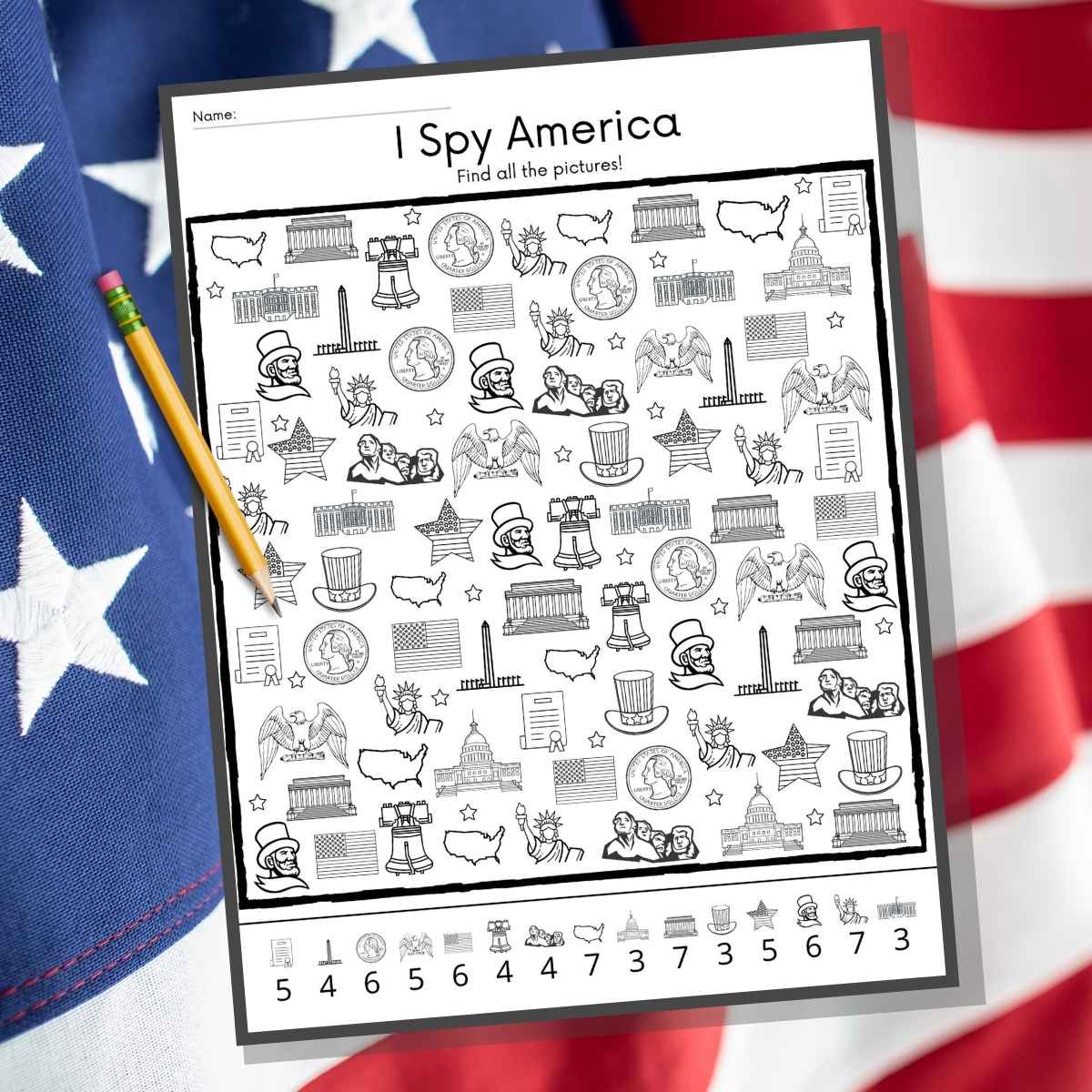 Graphic with the I Spy America worksheet on an American flag background. 