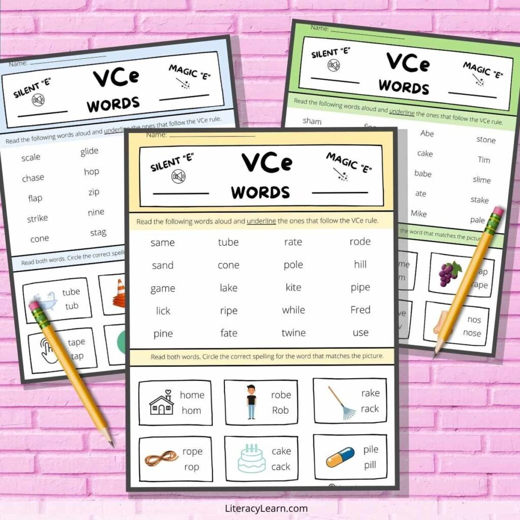 3 silent e worksheets in different colors on a pink brick background.