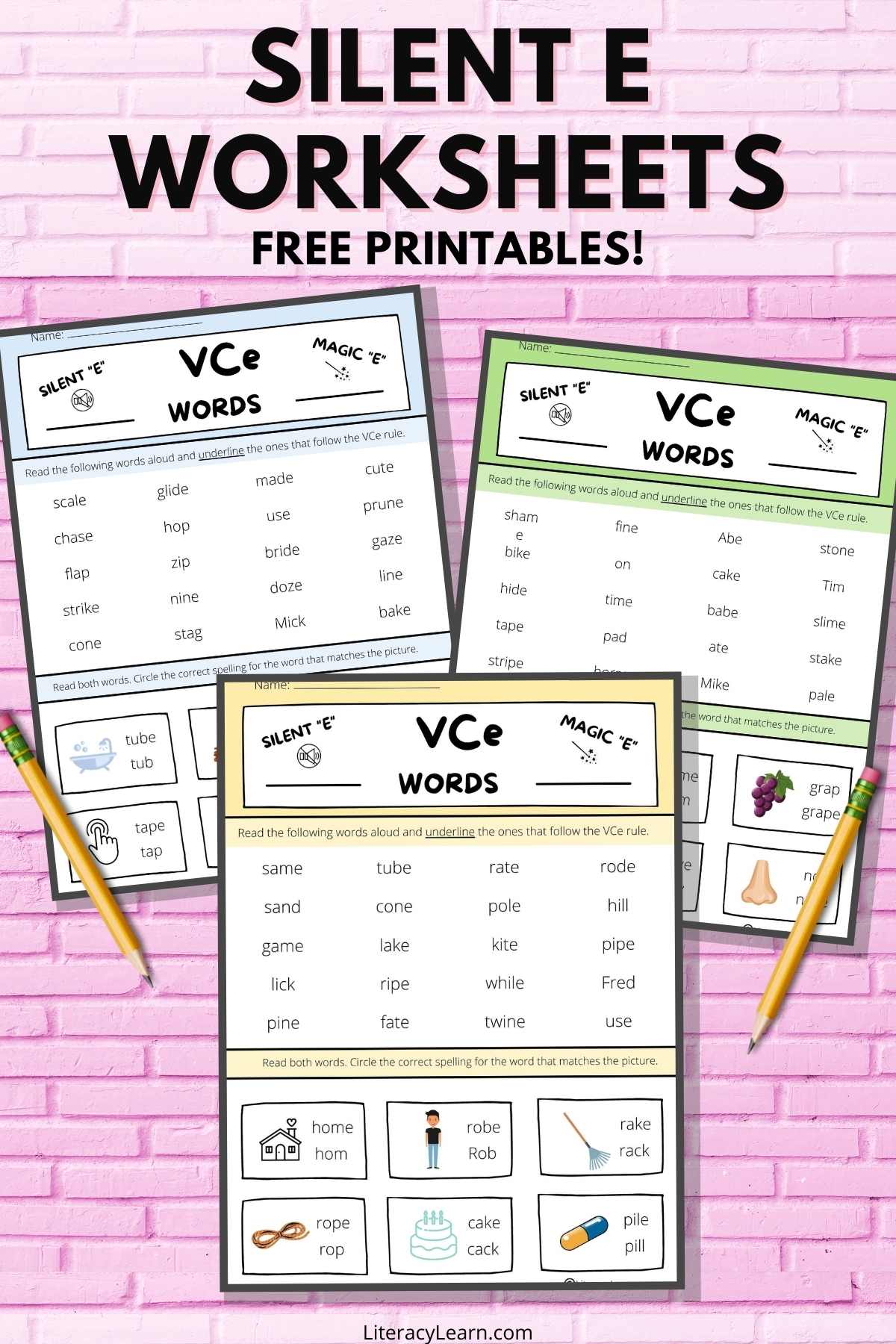 Graphic with silent e worksheets on a pink brick background.