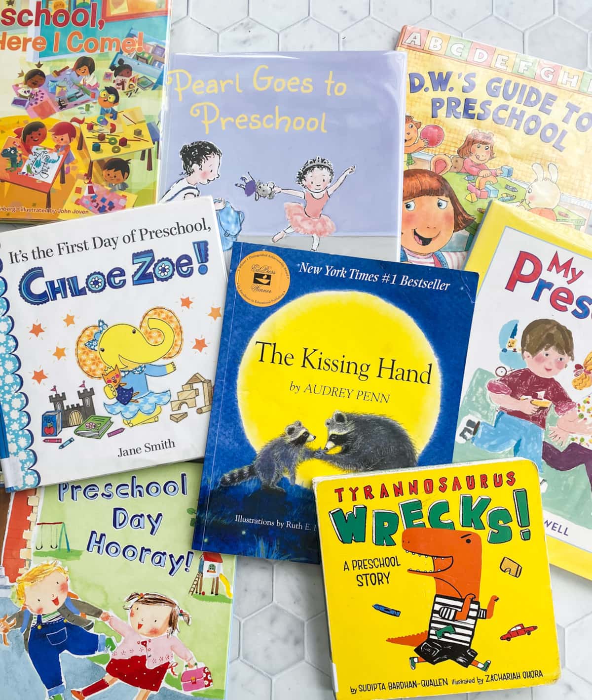 10 Preschool themed books laid out. 