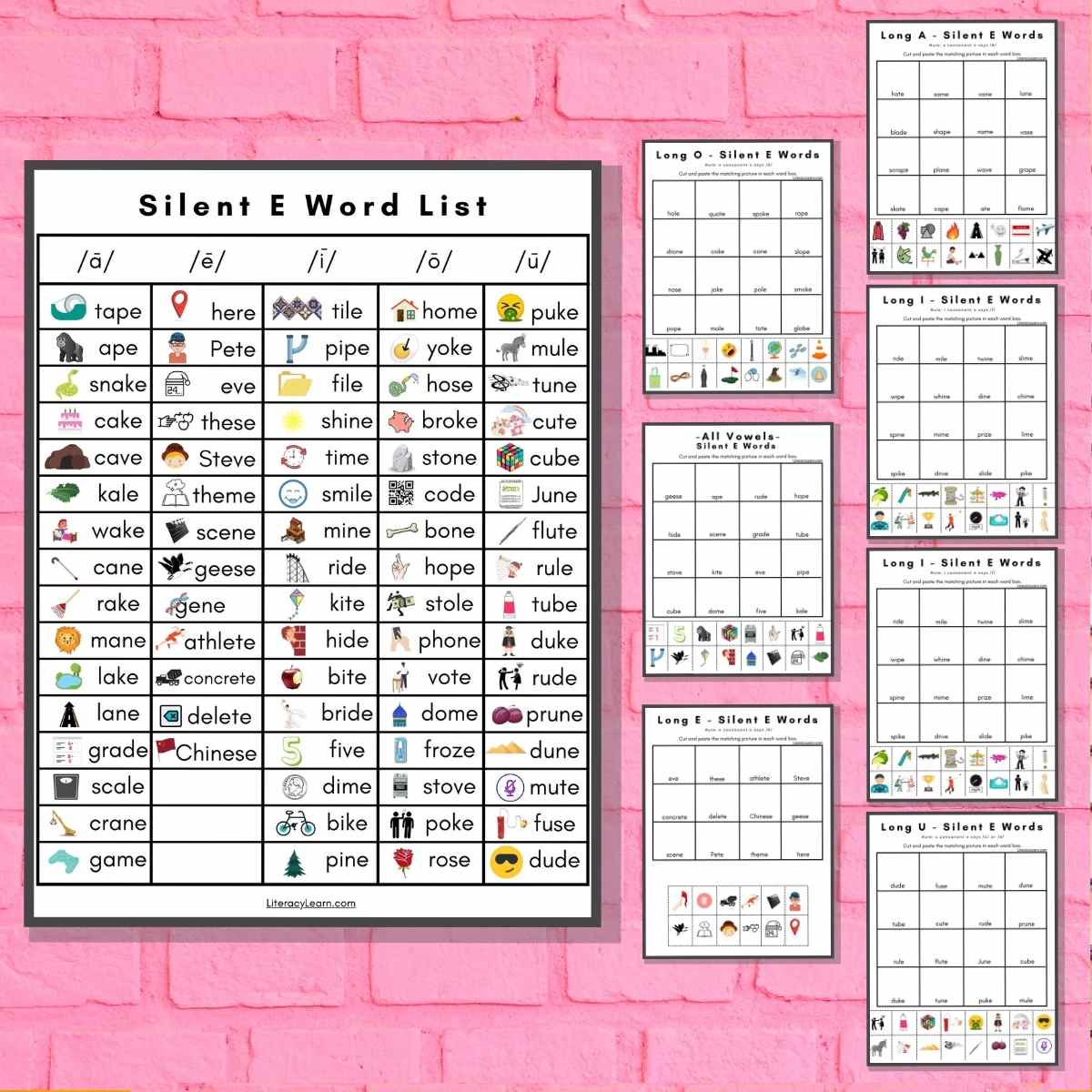 Graphic showing a silent e words list and 7 worksheets on a pink background.