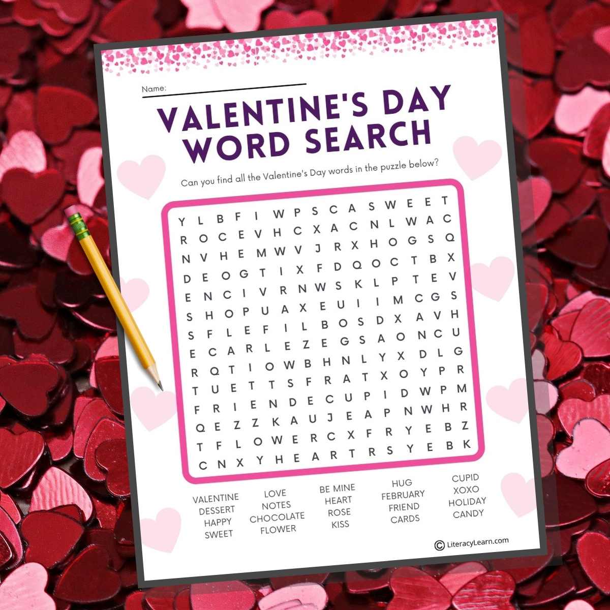 Graphic with a close up of the Valentine's Day word search on a red and pink heart background. 