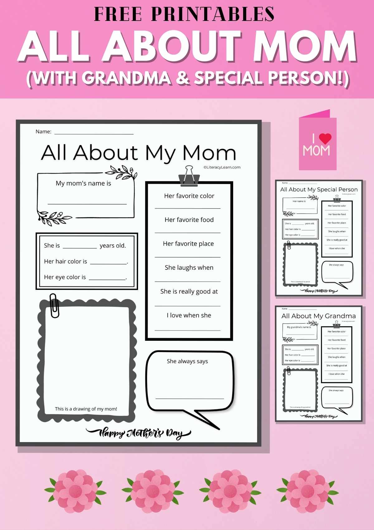 Pinterest graphic with three printable "All About My Mom" worksheets with flowers.