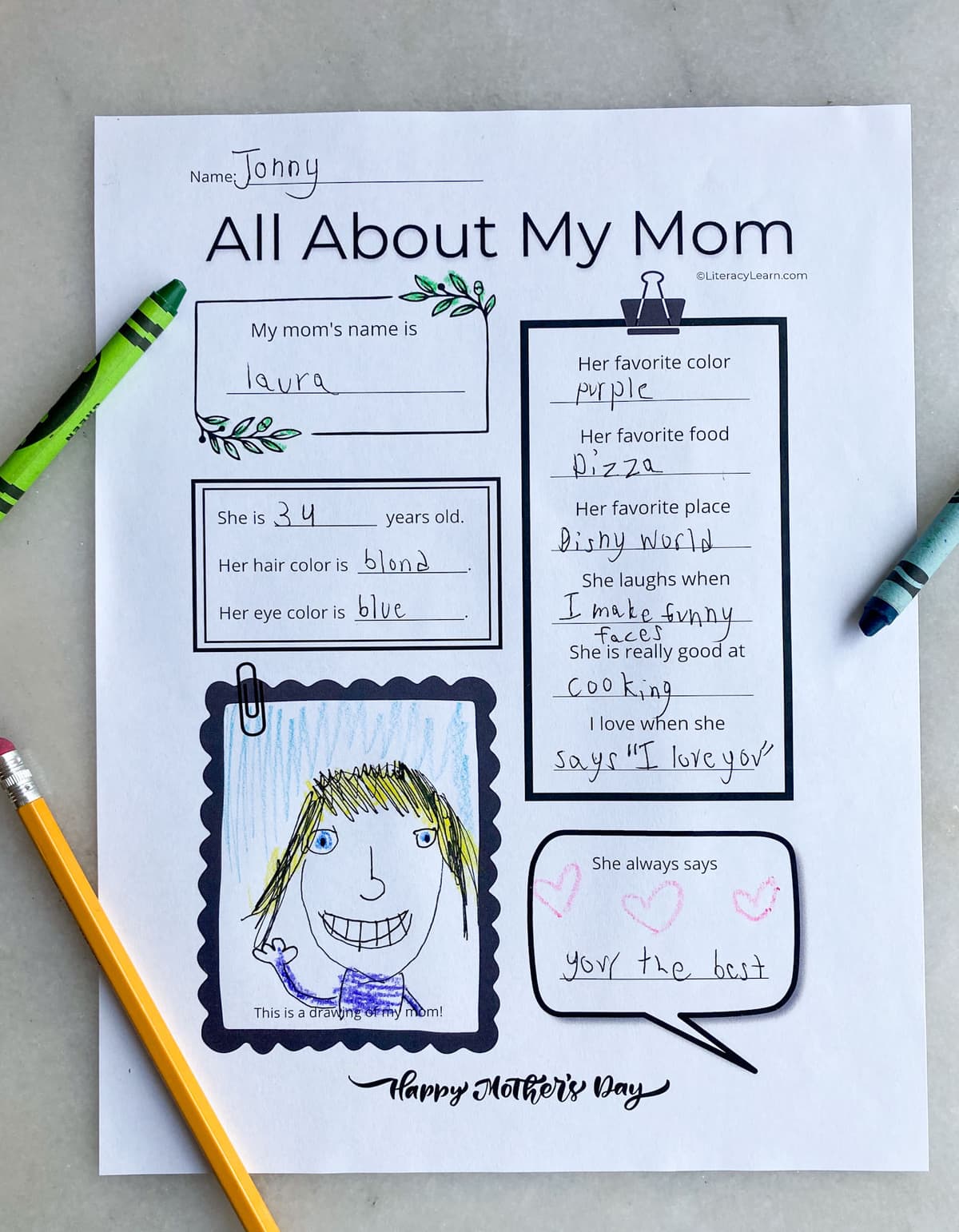 The printed worksheet completed in a child's handwriting.