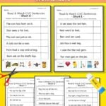 Graphic with cvc sentences worksheets on a yellow background.