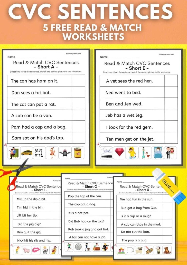 CVC Sentences with Read & Match Worksheets Literacy Learn