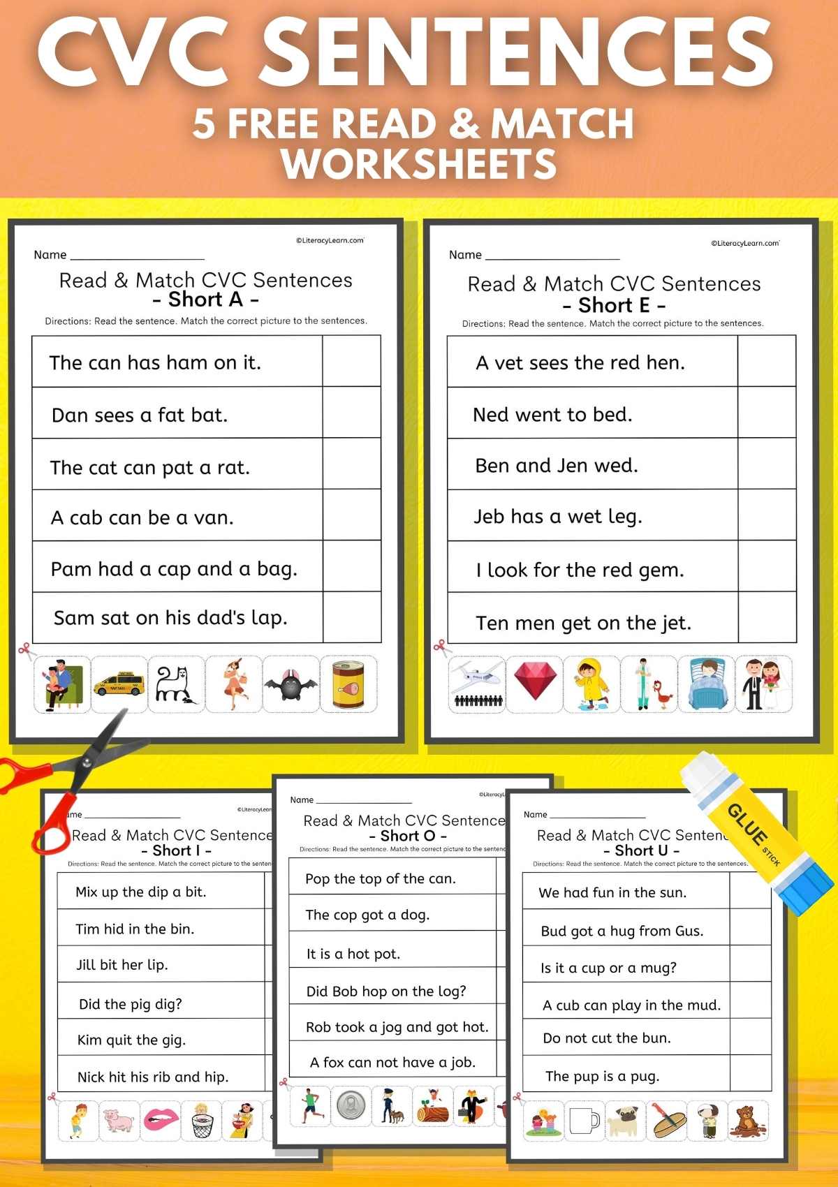 Pinterest graphic with five CVC word spelling worksheets and the text, "CVC Sentences."